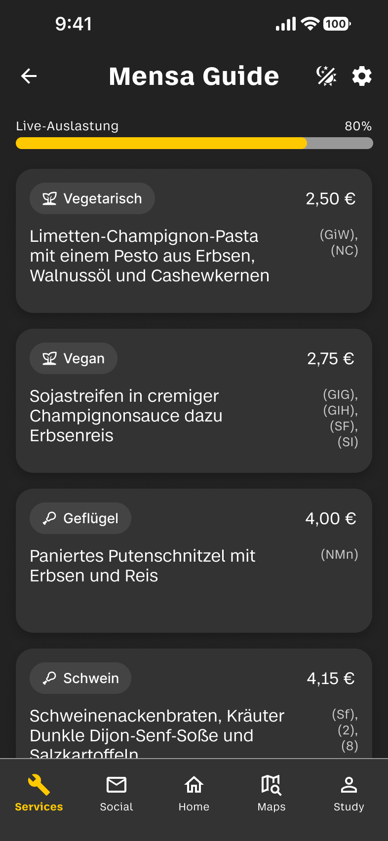 Mensa Guide als explorierte Dark-Mode-Variante.